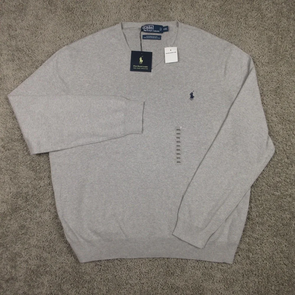 Polo Ralph Lauren Sweater Mens 2XL Gray Pima Cotton Knit V-Neck Pullover NEW